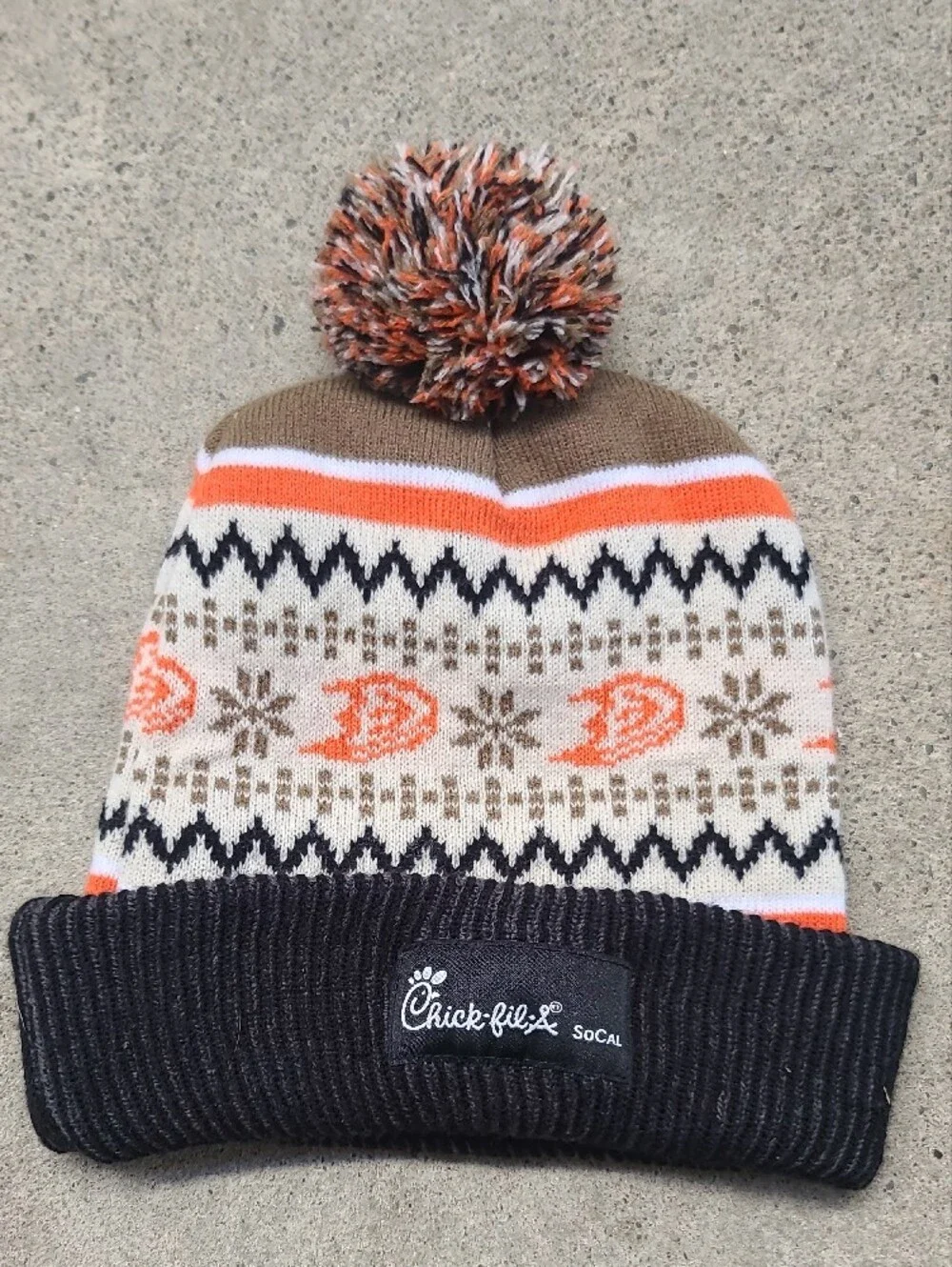 Pom-Pom Knit Hat with Duck Patch — Brown, Orange, Cream